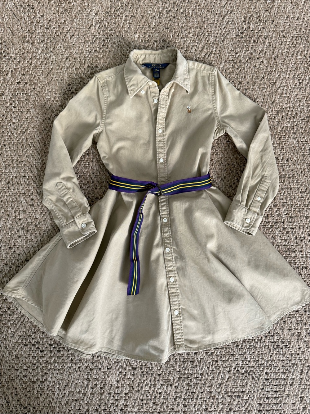 Polo by Ralph Lauren Khaki Shirt Dress with Navy & Yellow Striped Belt